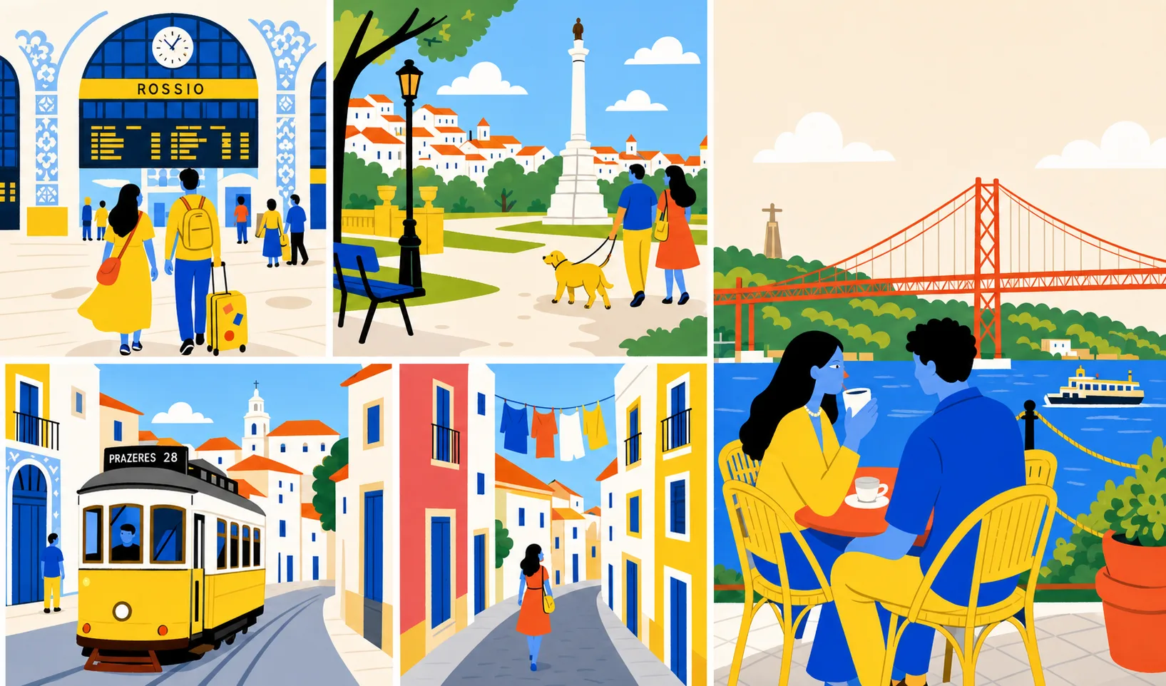 Ilustração de cenas de Lisboa: Rossio, miradouro, ponte 25 de Abril, eléctrico e ruas do bairro